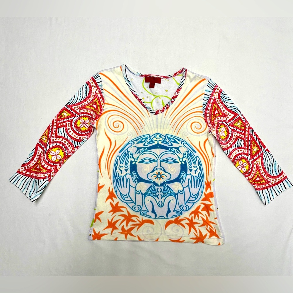 Vintage BCBG Max Azria Elements Colorful Retro V-Neck Fitted Women's Top